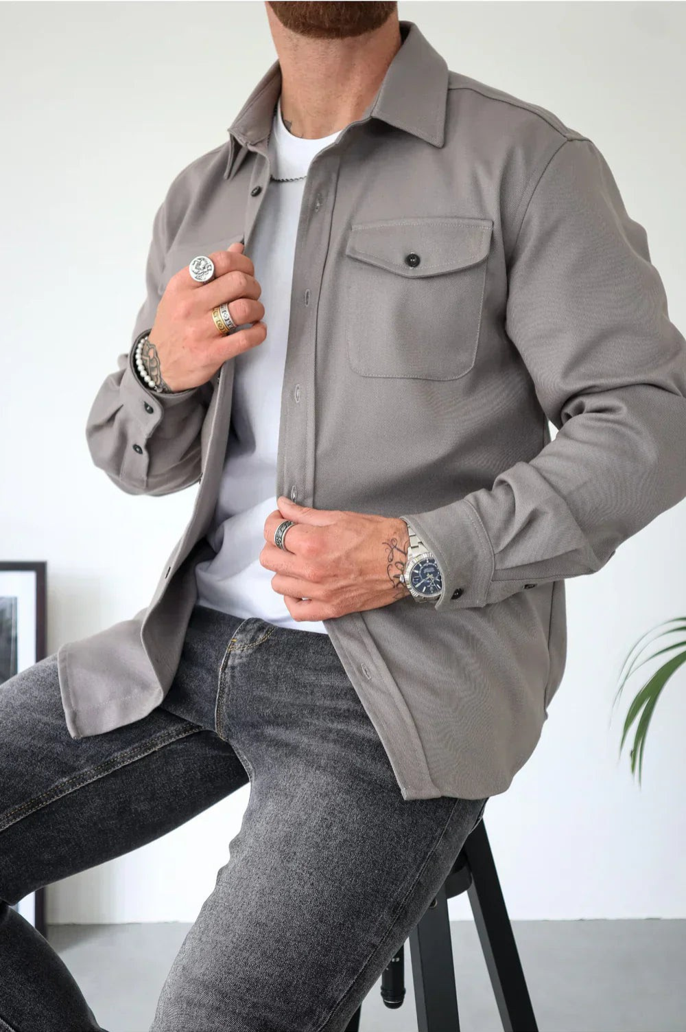 Ranches | Men's Casual Overshirt - Stylish Long Sleeve Shacket & Button-Down Jacket Grey