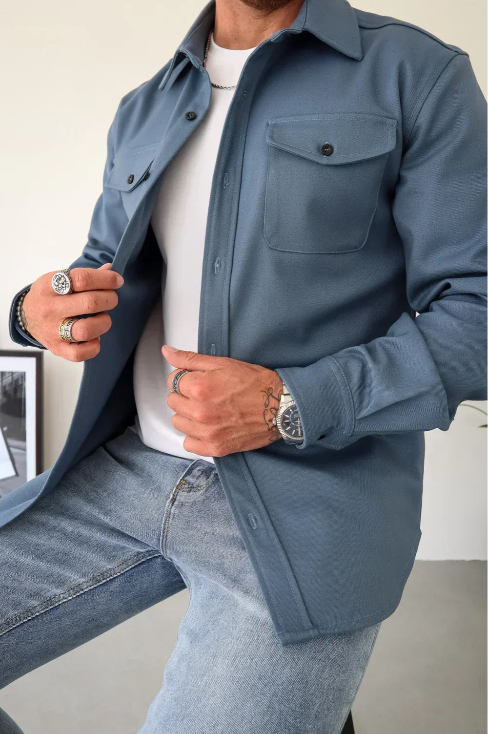 Ranches | Men's Casual Overshirt - Stylish Long Sleeve Shacket & Button-Down Jacket Blue