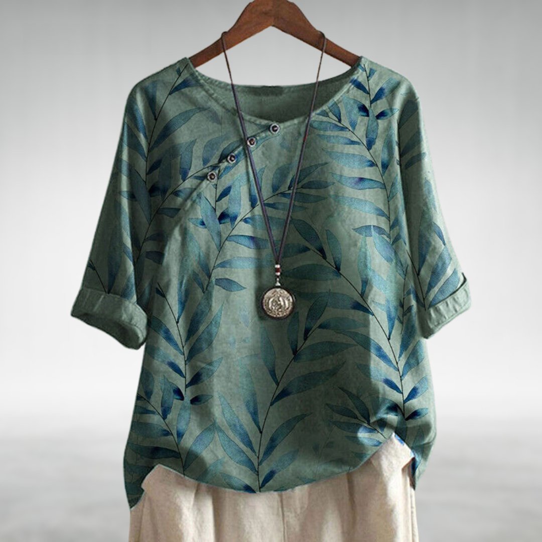 Flōre | Woman’s Blouse | Printed Asymmetric Button Green