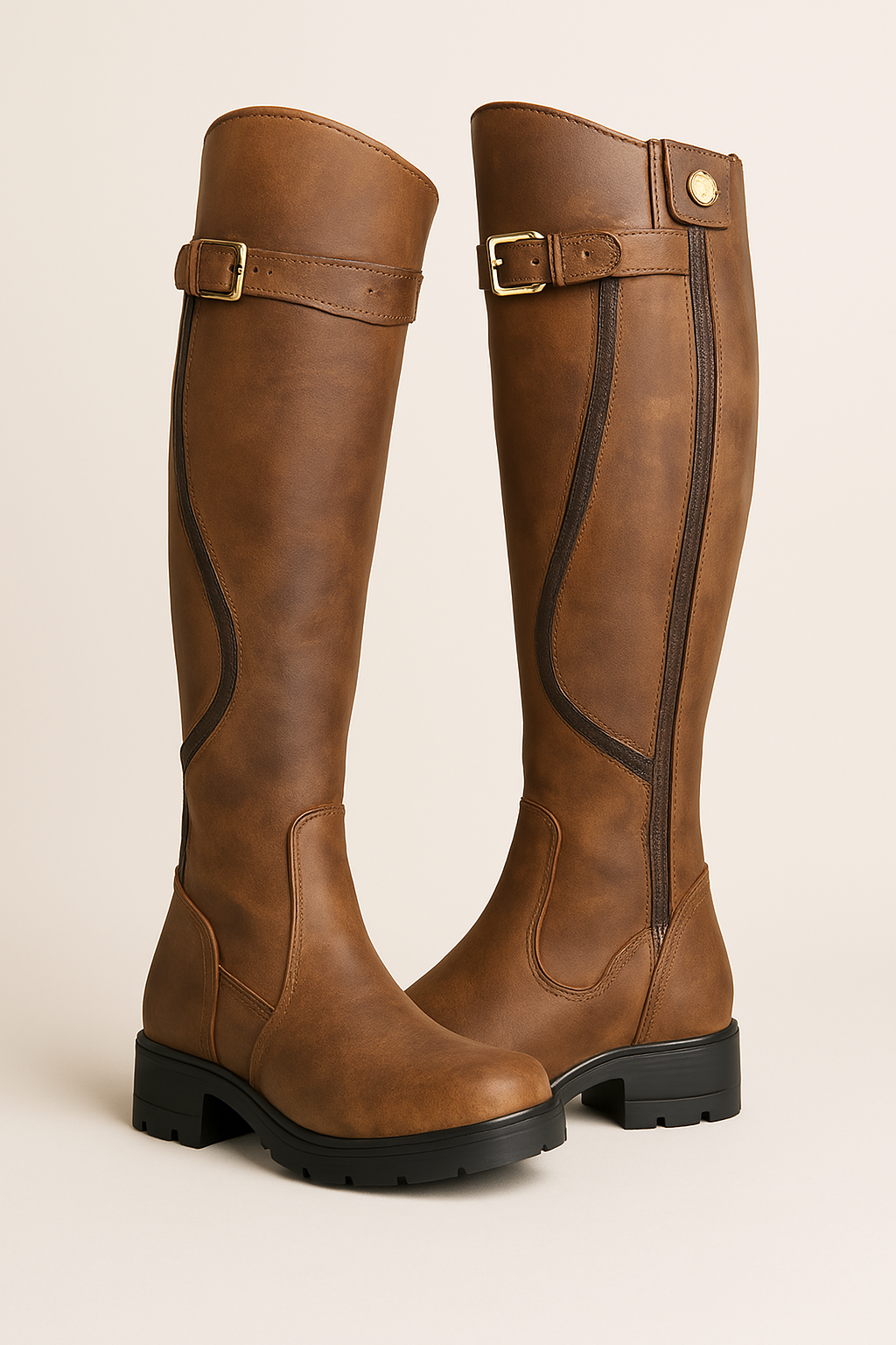 Roque | Knee-High Boots for Women | Buckle Strap Lug Sole Brown