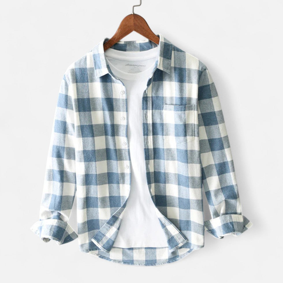 Nisyros | Men's Long Sleeve Checked Flannel Shirt - Casual Button-Down Plaid Shirt Blue