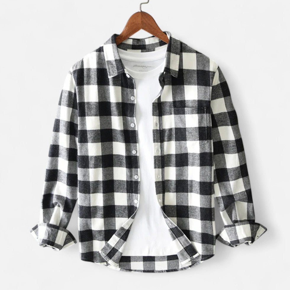 Nisyros | Men's Long Sleeve Checked Flannel Shirt - Casual Button-Down Plaid Shirt Black