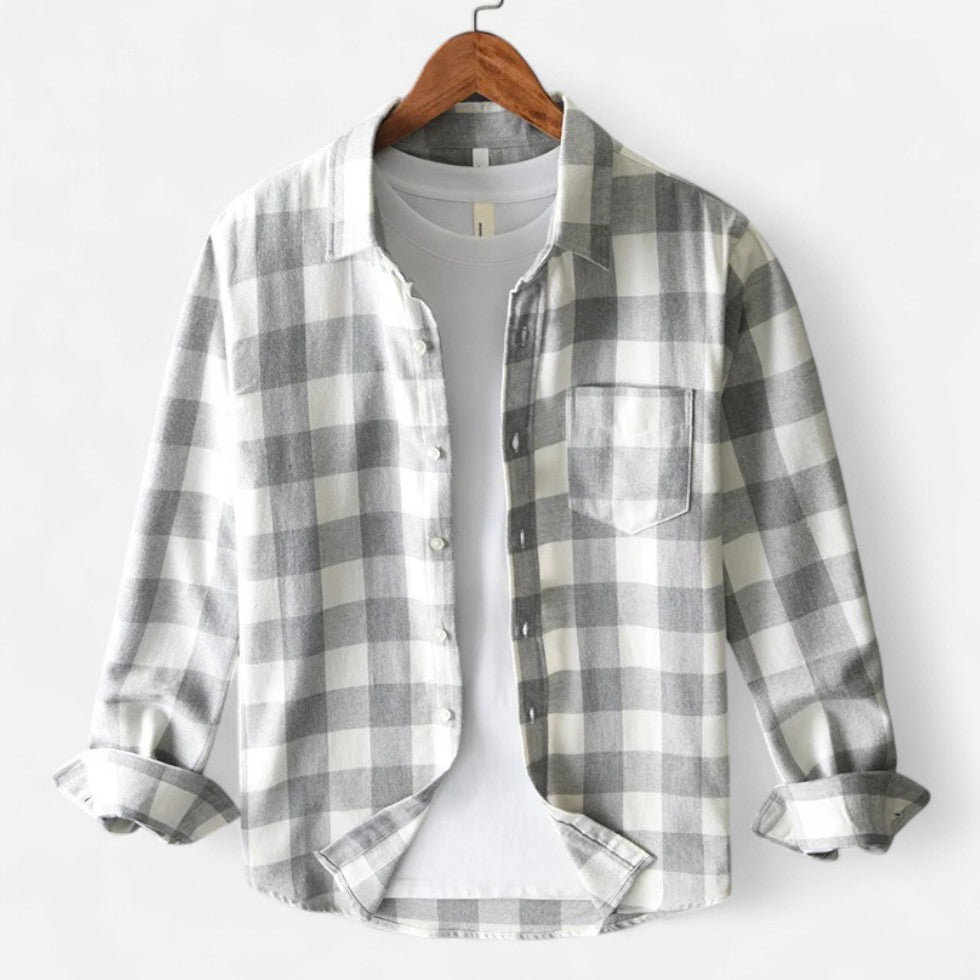 Nisyros | Men's Long Sleeve Checked Flannel Shirt - Casual Button-Down Plaid Shirt Grey