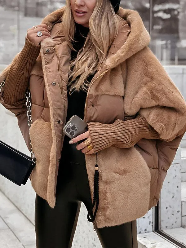 Long Quilted Cape with Faux Fur Collar for Women | Ideal for Winter Brown