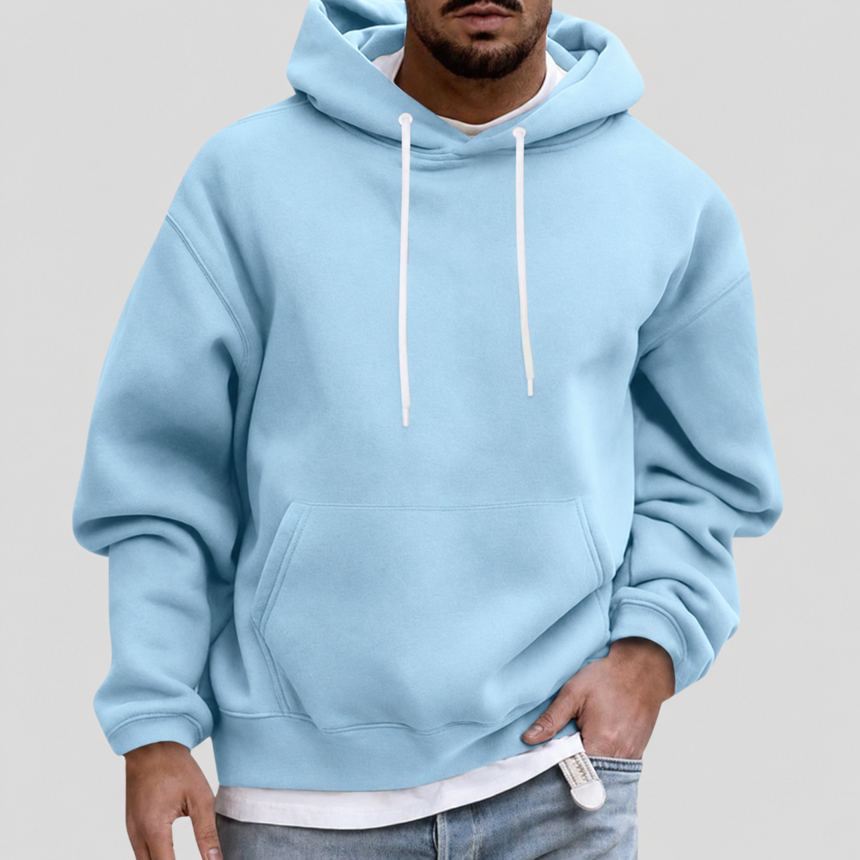 Men's Relaxed Fit Pullover Hoodie - Heavyweight Cotton Sweatshirt Light Blue