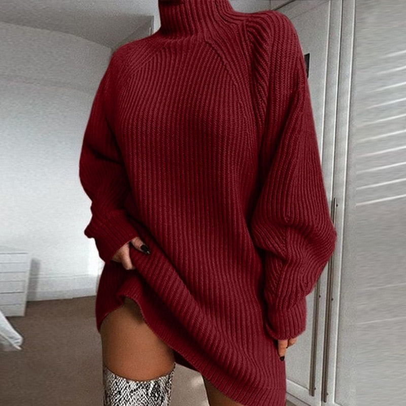 Sephira | Women's Long Winter Sweater Dress - Oversized Knitted Turtleneck & Maxi Sweater Wine red