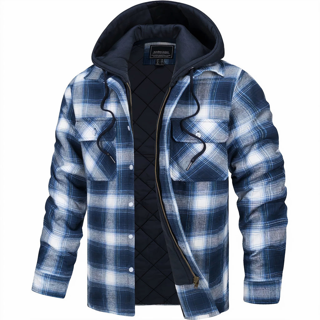 Nisyros | Men's Jacket | Plaid Hooded Zip-Front Dark Blue