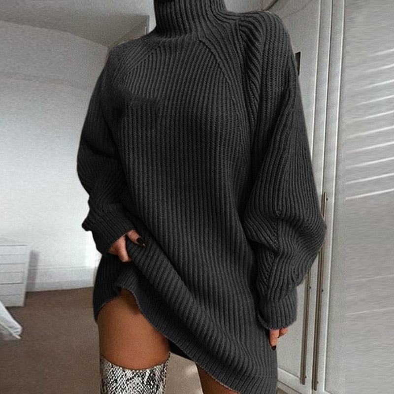 Sephira | Women's Long Winter Sweater Dress - Oversized Knitted Turtleneck & Maxi Sweater Black